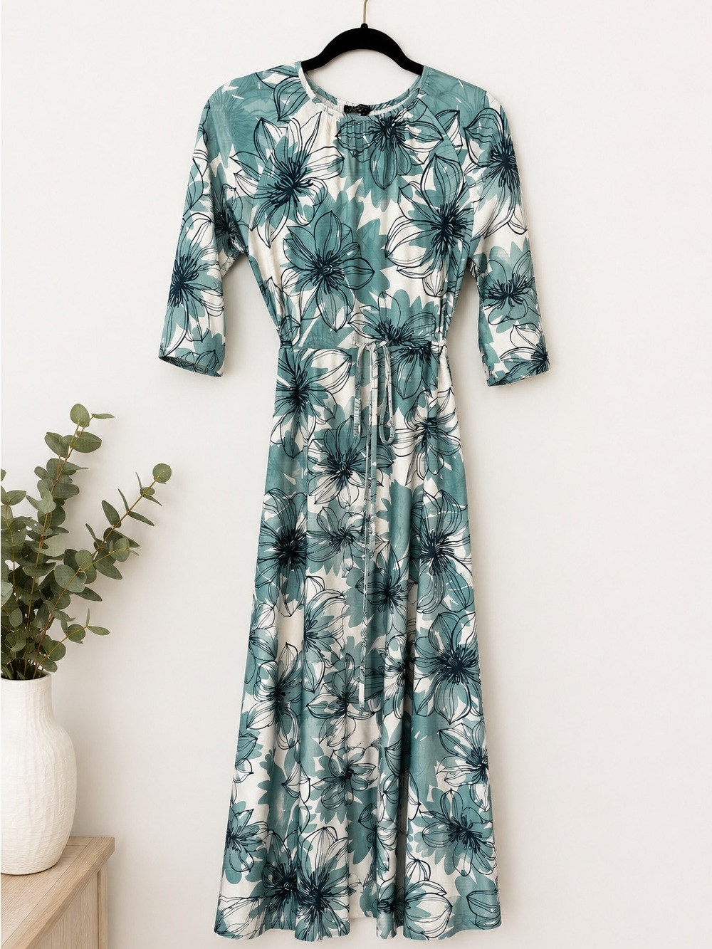 Teal Floral Maxi Dress with Tie-Waist